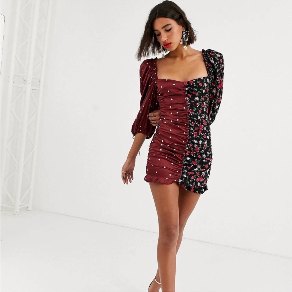 For Love and Lemons Cher Ruched Mini Dress Floral Polka Dot Medium